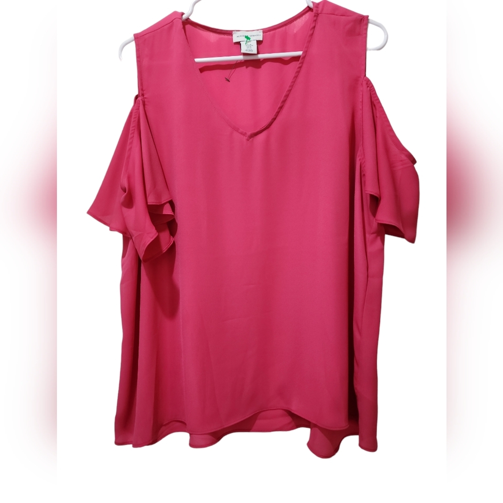 NWOT Barbie Pink  Adrienne Vittadini  cold shoulder ruffle sleeve XL .